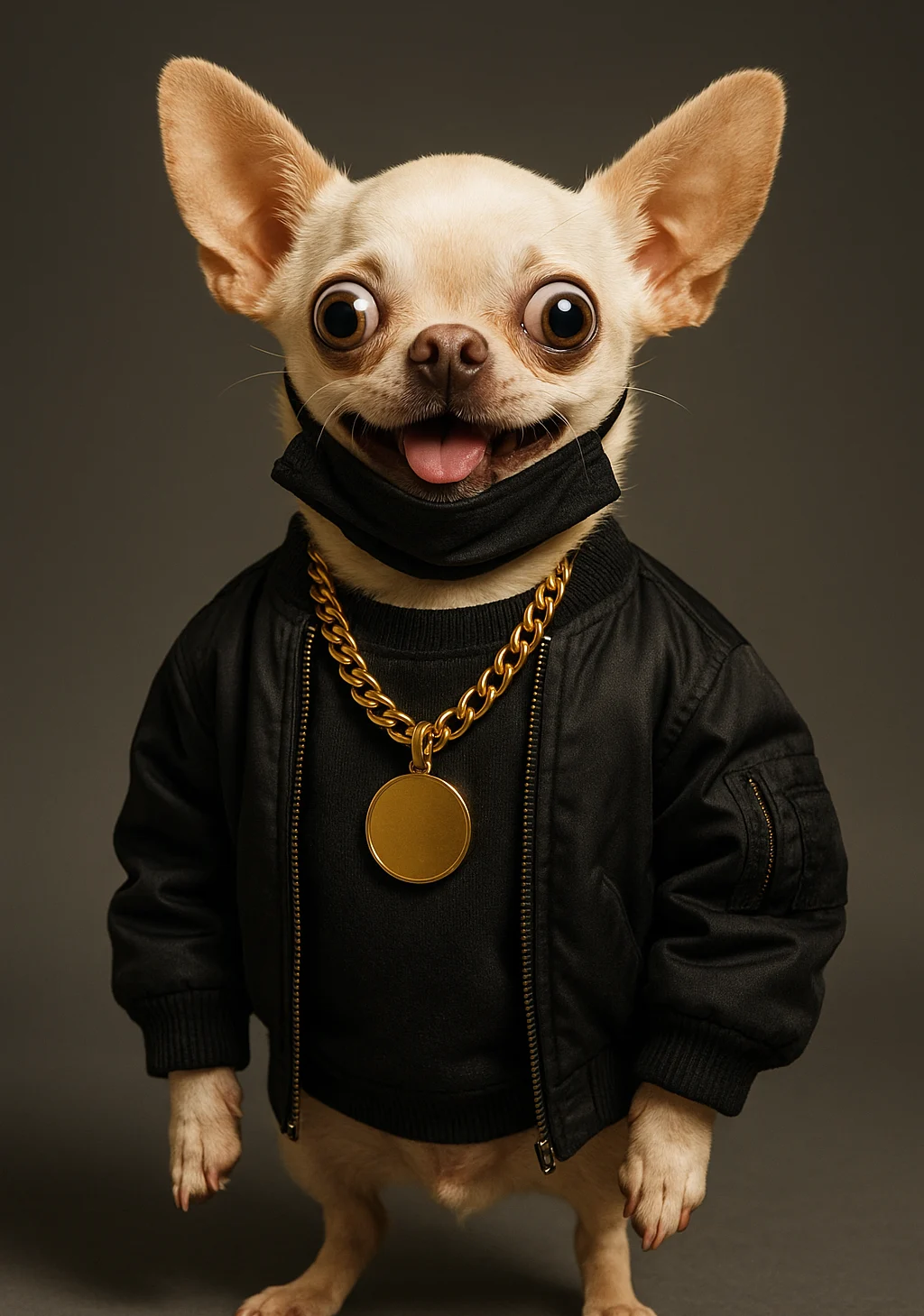 Ye Westie, a cream chihuahua in a black bomber jacket with the mask pulled under his chin and a heavy gold chain, eyes wide, mid-thought.